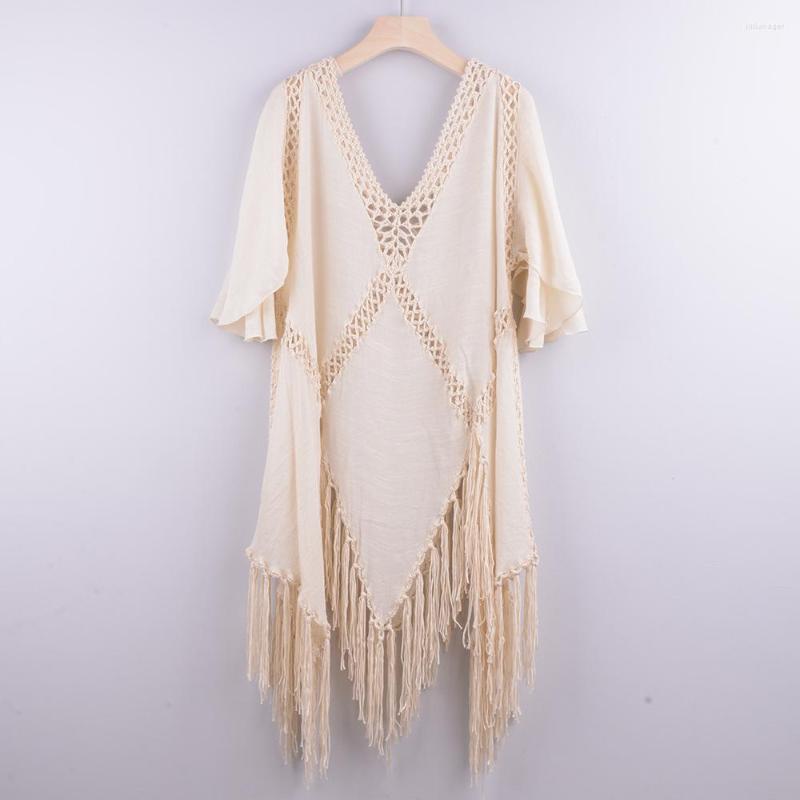 

Women's Swimwear Melphieer 2023 Tassels Irregular Plain Beach Dress Mini Cover Up Woman Bikini Robe Plage Beachwear Outfit, Bd99 beige