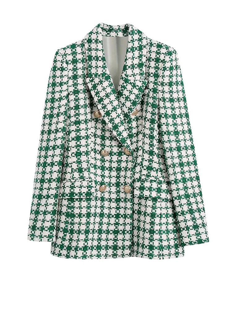 

Pants Nlzgmsj ZBZA 2022 Women Green Houndstooth Blazers Autumn Notched Collar Double Breasted Woman Jackets Female Checked Coat 202202, As picture