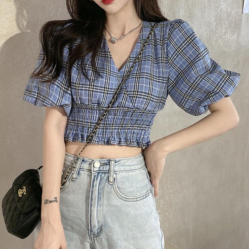 

Women's T Shirts Women V-neck T-shirt Plaid Printed Pattern Half Puff Sleeves Crop Tops Blue/ Pink