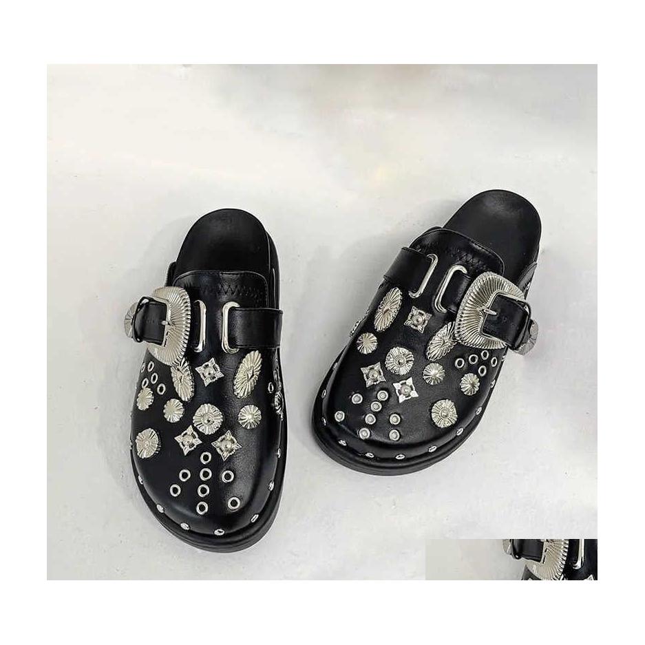 

Slippers Summer Women Platform Punk Rock Leather Mes Creative Metal Fittings Casual Party Shoes Female Outdoor Slides Drop Delivery Otz4T, Black