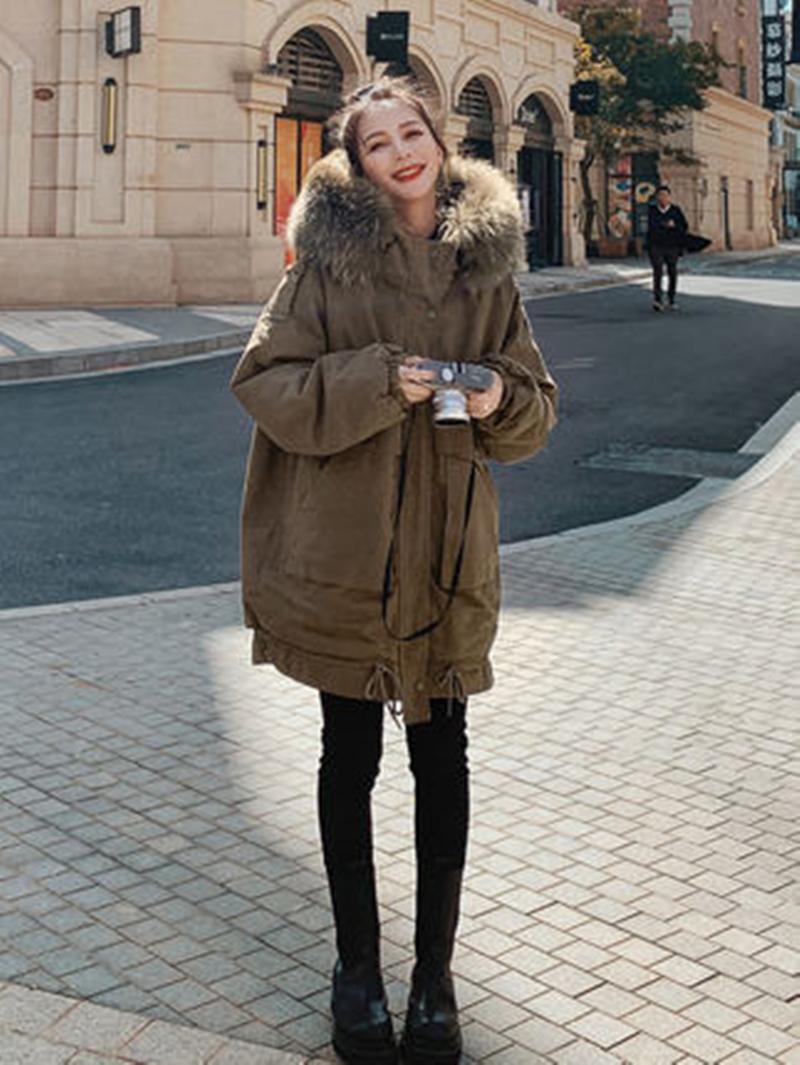 

Leather Rex Rabbit Maopaike Down Cotton Padded Clothes Women's Medium Length 2021 Winter New Korean Loose Work Clothes Cotton Padded, Camel