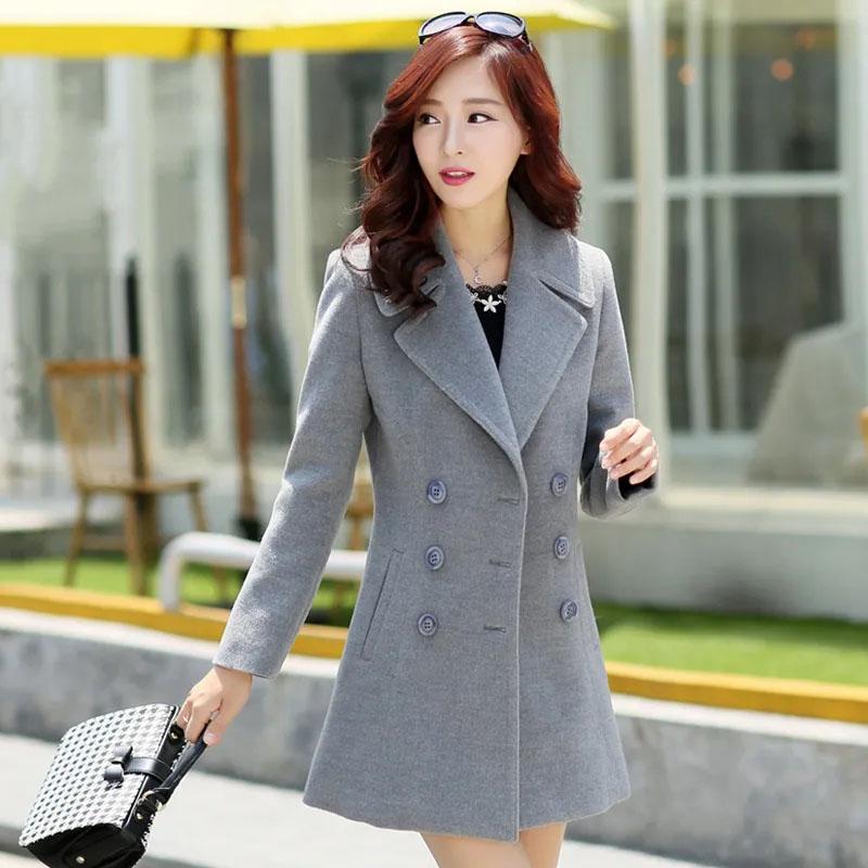 

Fur Fashion Wool Woolen Coat Spring Autumn Women's Woolen Blended Coat Elegant Slim Gray Women Jacket Business Office Clothing, Navy