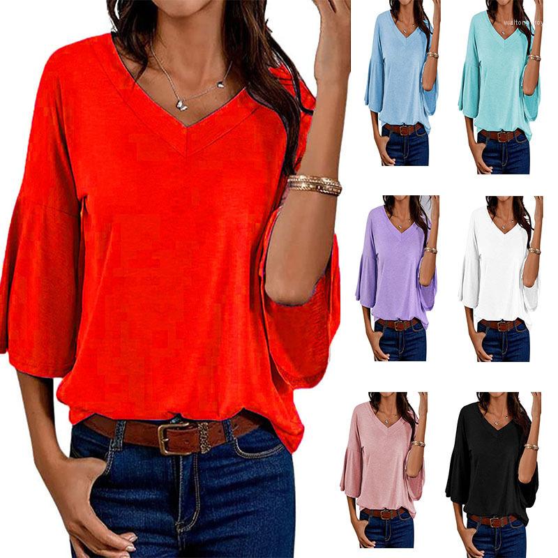 

Women's T Shirts Loose T-shirts Women Jumpers Three Quater Sleeve V-neck Tops Woman Pullover Female Sexy Solid Fashion Cloth Undershit