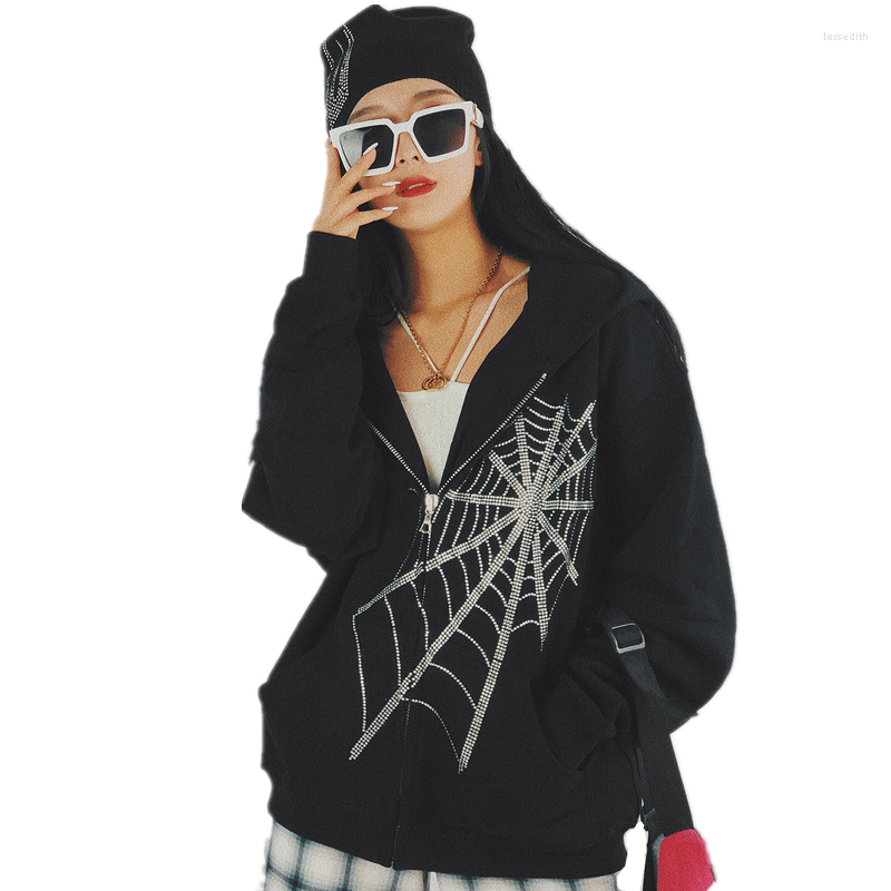 

Women's Hoodies 2023 Autumn Gothic Punk Women Rhinestone Spiderweb Diamonds Couple Matching Oversized Casual Zip-Up Hooded Sweatshirt, Black