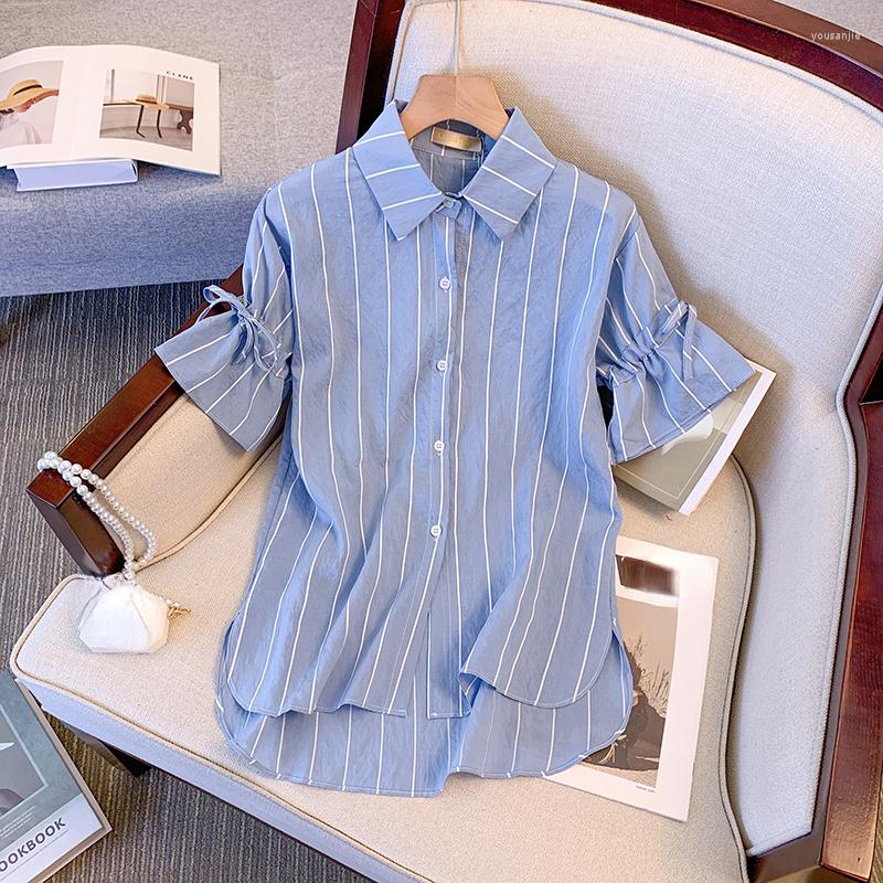 

Women's Blouses L- Large Size Vintage Striped Shirts Women Summer Lace Up Short Sleeve Oversize Front Long Back Casual Top 2023, Light blue