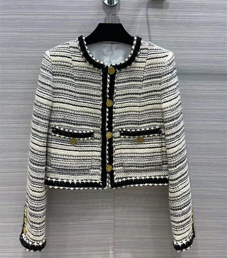 

Fur European and American women's wear spring 2022 new Long sleeve round collar single breasted button fashion striped tweed coat, Black