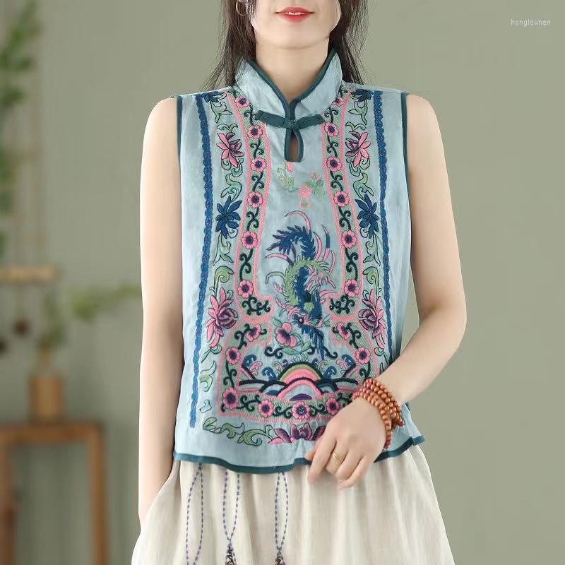 

Ethnic Clothing Retro Embroidery Cotton Linen Chinese Traditional Women's Vest Style Pullover Ladies Summer Exquisite Stand Collar Top