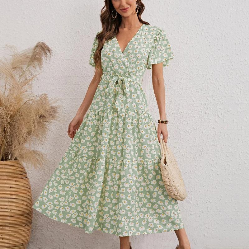 

Casual Dresses 2023 Summer Small Fresh Floral V Neck Short Sleeved Chiffon Dress For Women' Daisy Bandage Large Long, Green