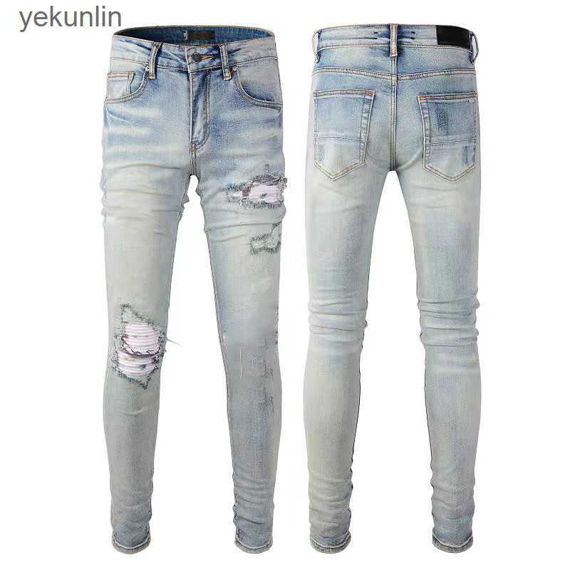 

Designer stack jeans European purple jean men embroidery quilting ripped for trend brand vintage pant mens fold slim skinny fashion Jeans sstraight pantsSTPE