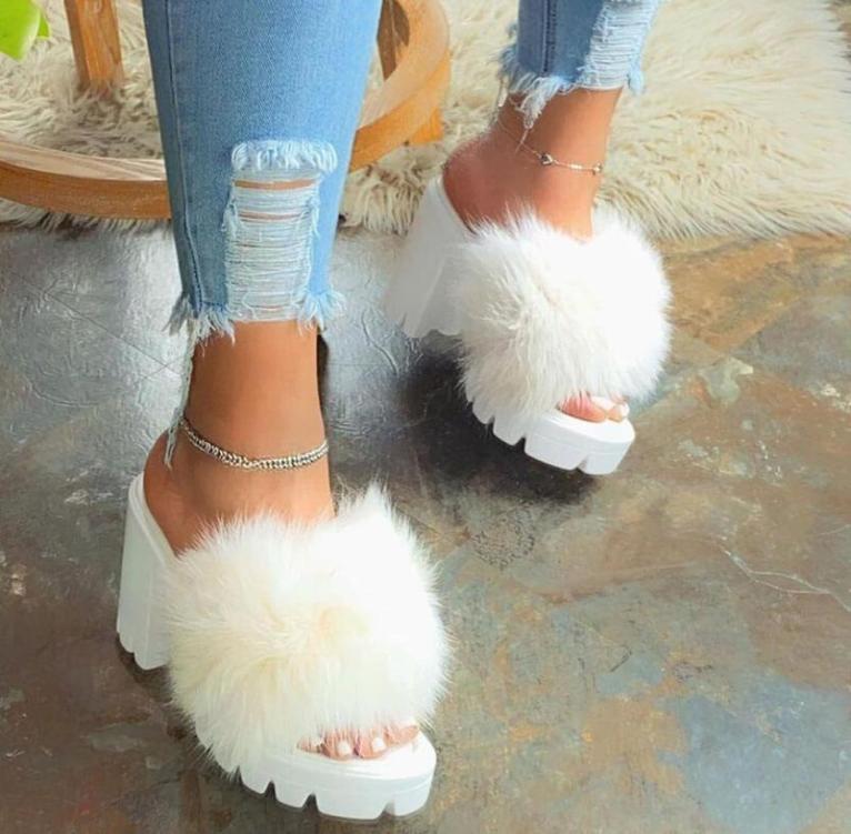 

Women039s Sandals Summer High Heels Vintage Plush Fur Slippers Peep Toe Square Heel Wedges Sandals Shoes Zapatos Mujer 20205671265, White