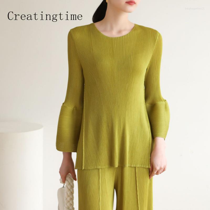 

Women's T Shirts 2023 Spring Summer Miyake Pleated Lantern Sleeve High-end Slim T-shirt Women's Solid Color Round Neck Loose Female Top, Black