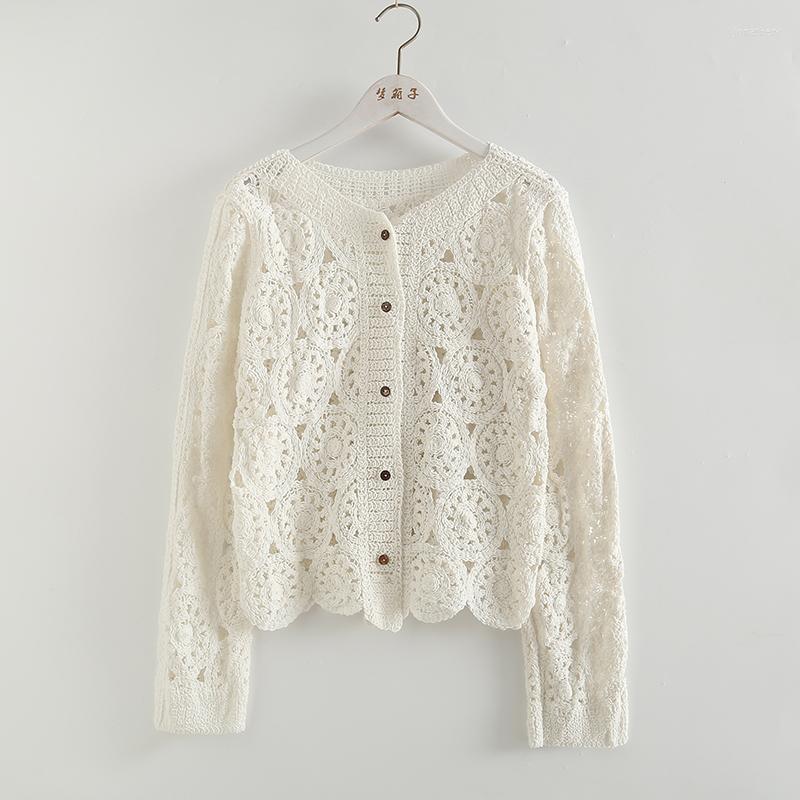 

Women's Blouses Sweet Summer 2023 Lace Collar Single-Breasted Long-Sleeved Hollow-Out Shirt, Beige