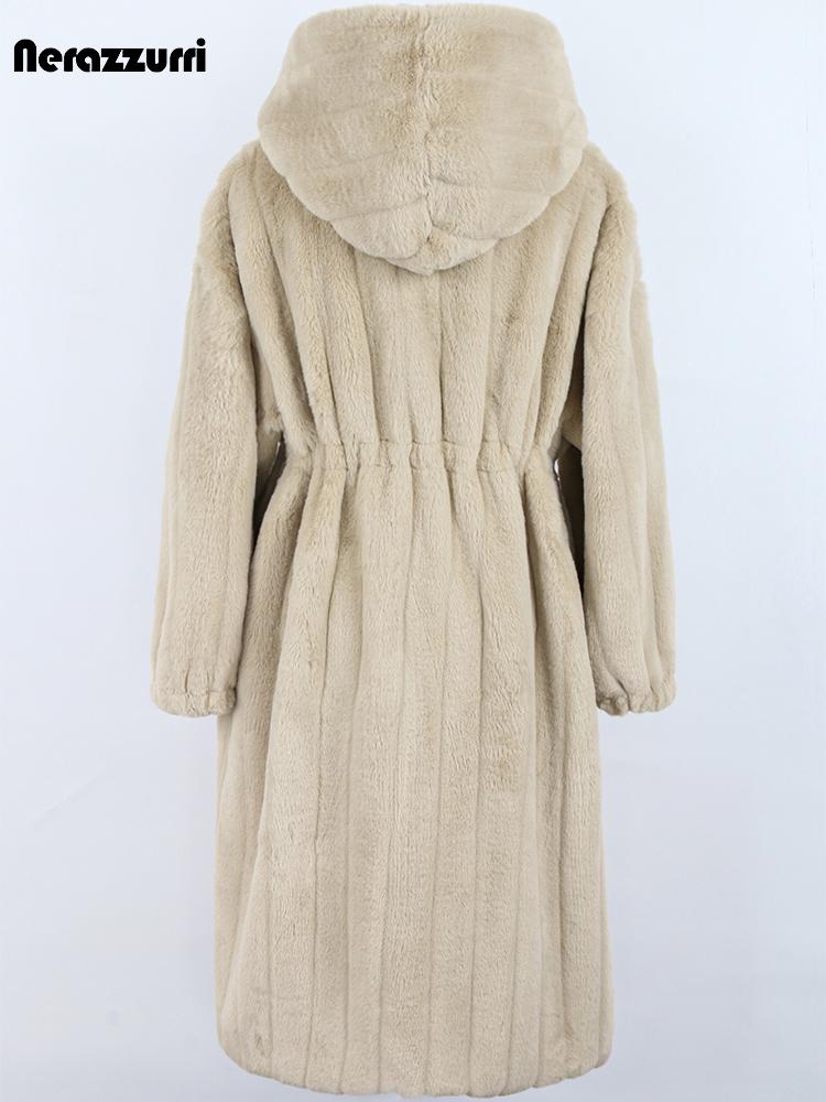 

Fur Nerazzurri Winter Stylish Long Oversized Thick Warm Soft Fluffy Faux Fur Coat Women with Hood Zip Up Luxury Designer Clothes, Apricot