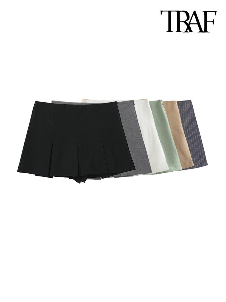 

Womens Shorts TRAF Women Fashion With Pleated Shorts Skirts Vintage High Waist Side Zipper Female Skort Mujer 230420, White