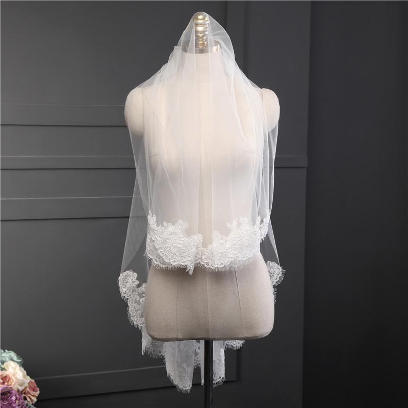 

Bridal Veils White Ivory Lace Edge 150cm Short Fingertip Double Layer Veil Blusher Casamento Voile De Mariee Headwear