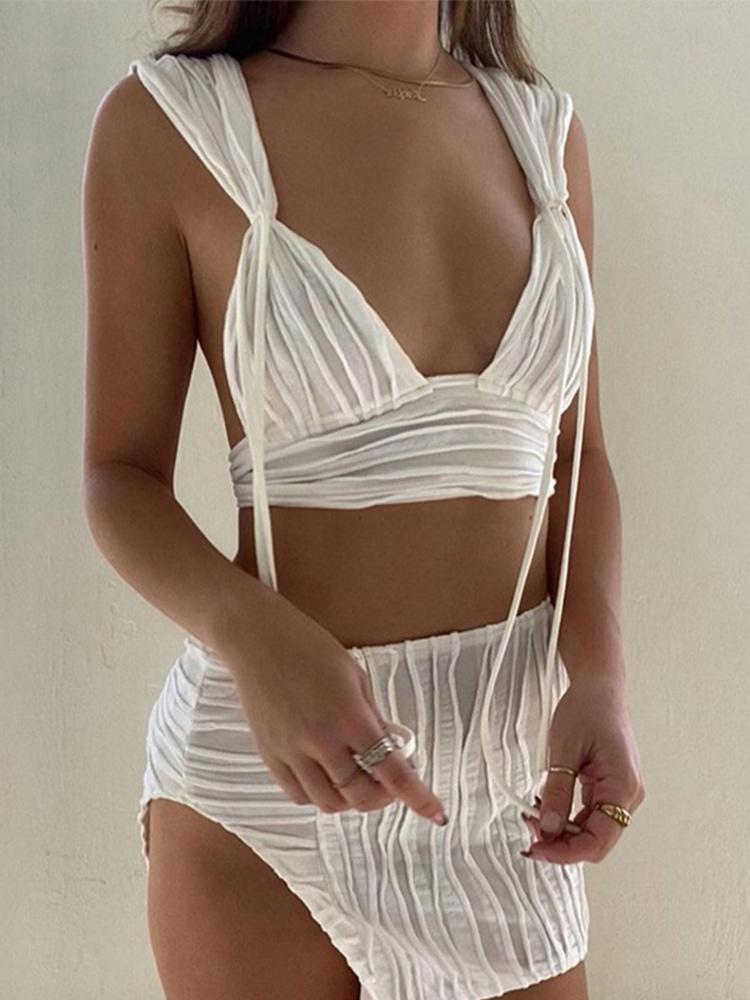 

Dress 2022 Jacquard Knitted Slit Mini Skirts Crop Top White Y2K Outfits for Women Sexy Beach Vacation Summer New Female Two Piece Sets