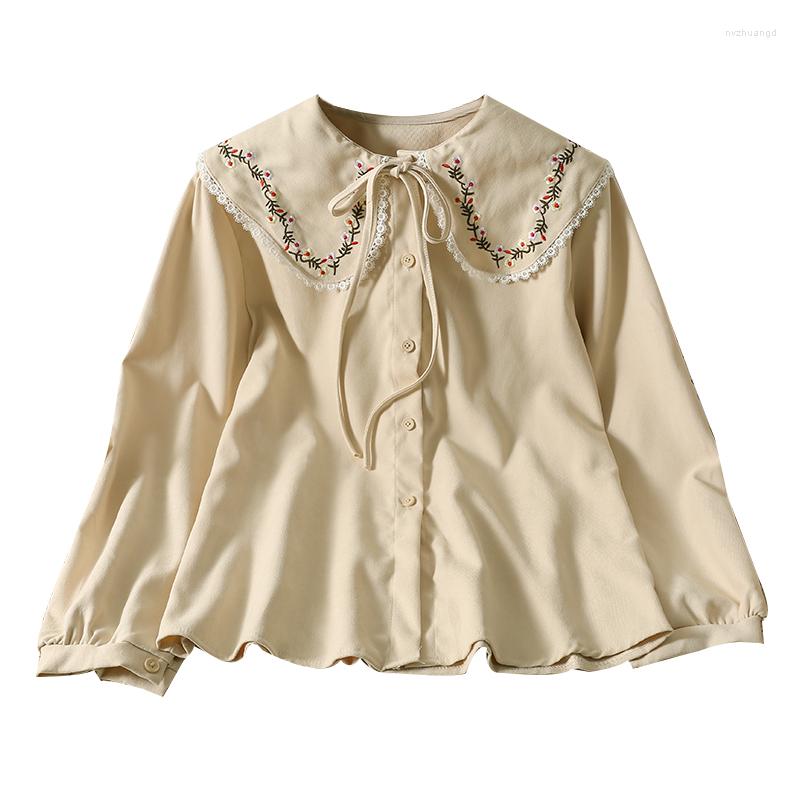 

Women's Blouses Spring Sweet Embroidered Lace Doll Neck Temperament Loose Long-sleeved Shirt, White