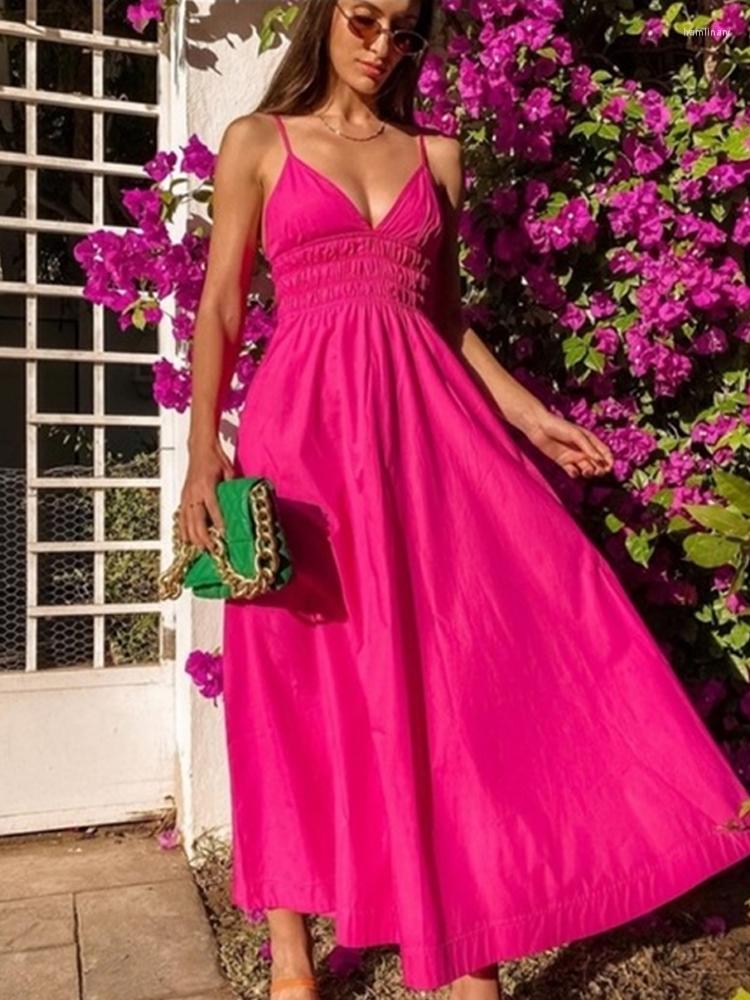 

Casual Dresses Forefair Elegant V Neck Pink Spaghetti Strap Midi Bodycon Women Dress Sexy Boho Summer 2023 Backless Party