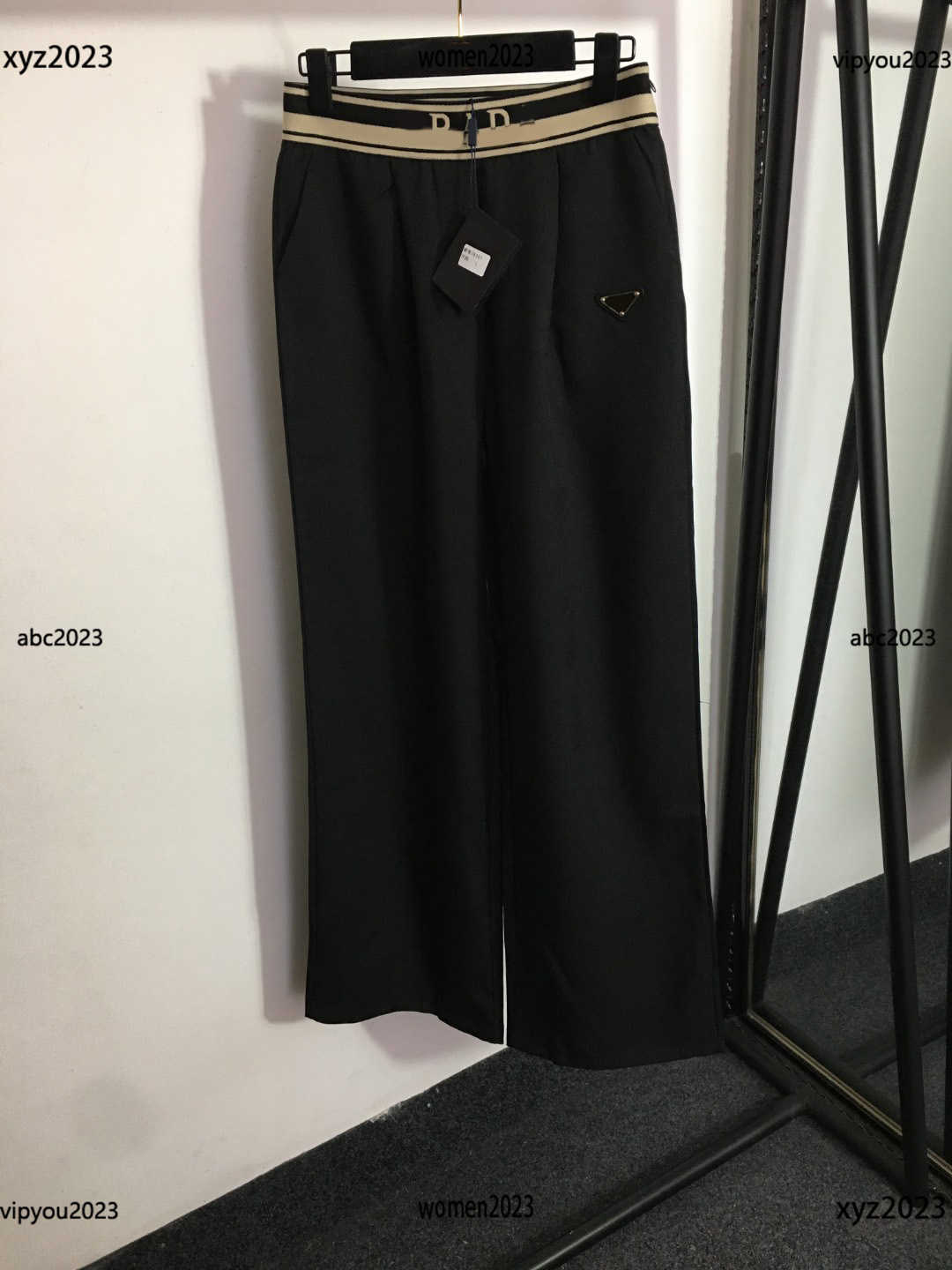 

women pants Letter Ribbon Design trousers New arrival Elastic high waisted wide leg pants Size -L Free shipping, 01