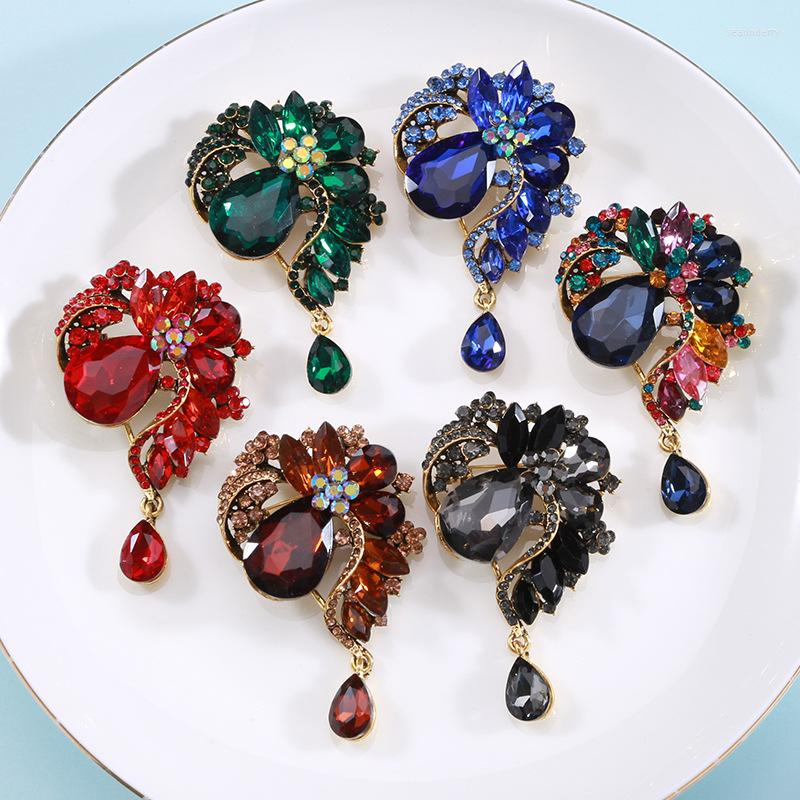 

Brooches Vintage Crystal Flower For Women Trendy Elegant Waterdrop Colorful Brooch Pins Wedding Party Jewelry Gifts