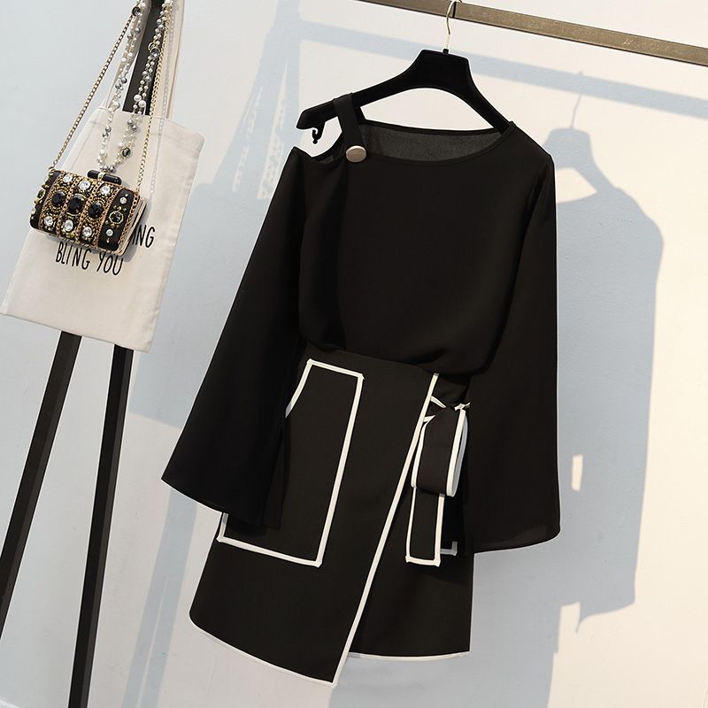 

Autumn Women Slash Off Shoulder Long T Shirt & Elegant Irregular Hem Skirt Suits Fashion Female, Brown