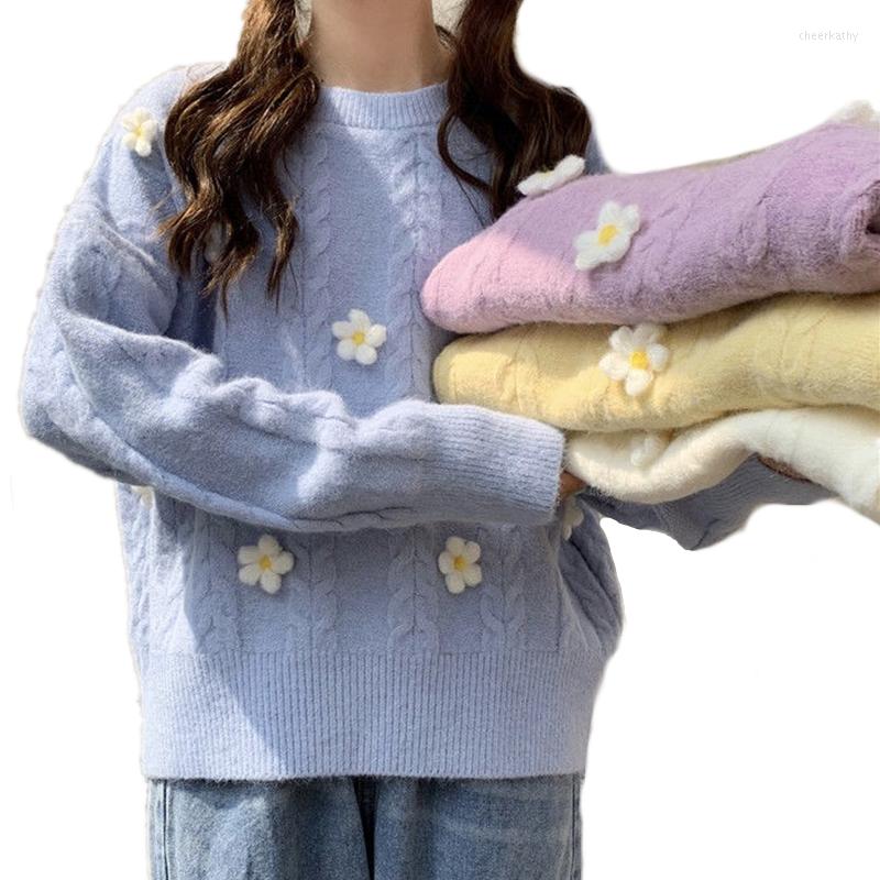 

Women's Sweaters 2023 Spring Autumn Women 3D Flower Embroidery Twist Sweater Solid Vintage Handmade Crochet Knitted O-Neck Pullover, Purple