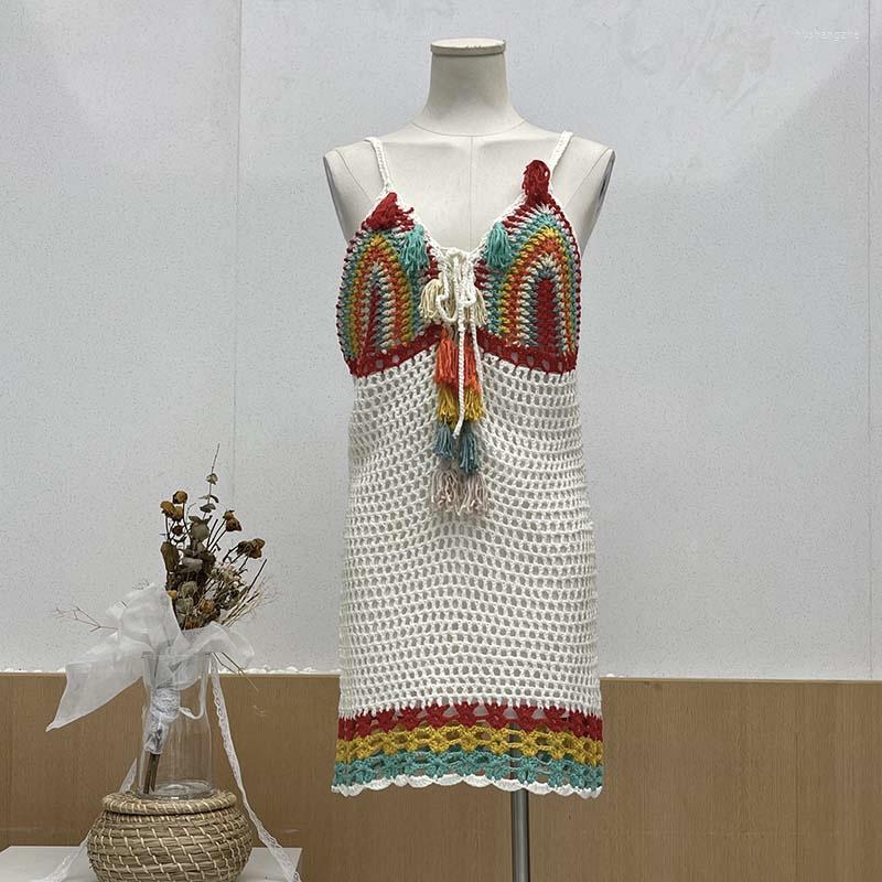 

Casual Dresses Women V Neck Knitted Tassels Fringed Dress Classy Party 2023 Hollow Out Vestido De Mujer, Picture color