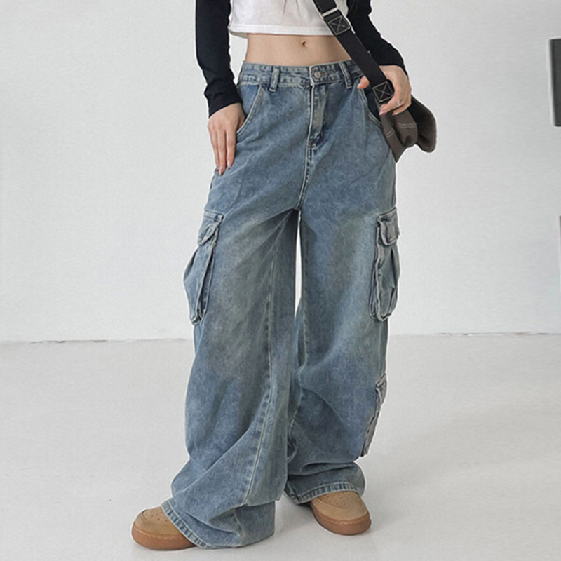 

Women's Pants s Vintage Cargo Baggy Jean Fashion 90s Streetwear Pockets Wide Leg High Waist Straight Y2k Denim Trousers Overalls 230419, Blue