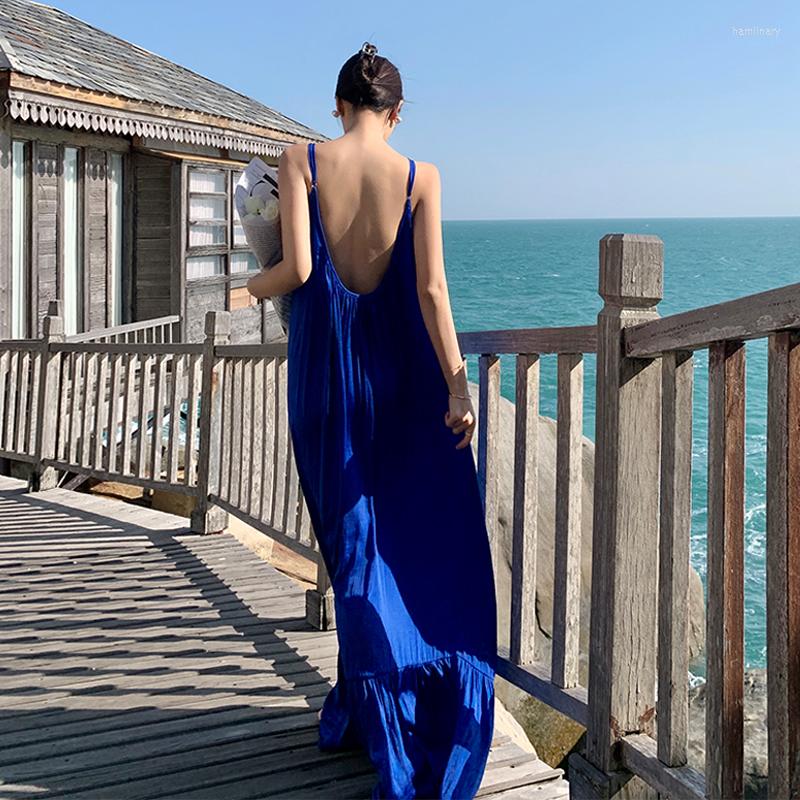 

Casual Dresses Women Loose Blue Satin Slip Dress Summer 2023 Fashion Elegant Straight Beach Vacation Party Night Long Vestidos