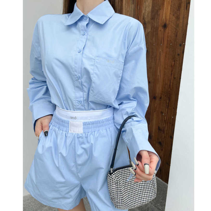 

23ss womens designer clothing Casual suit Alphabet stud drill lapel shirt Loose shirts Ribbon splicing Elastic waist Shorts suit set High quality Women Clothes a1, 14