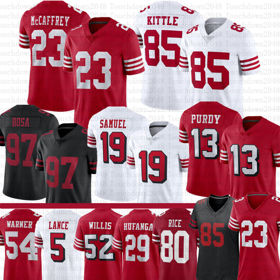 

23 McCaffrey Deebo Samuel Football Jersey Brock Purdy Trey Lance Nick Bosa George Kittle Fred Warner Jerry Rice Brandon Aiyuk Talanoa Hufanga Mens Women Youth Kids