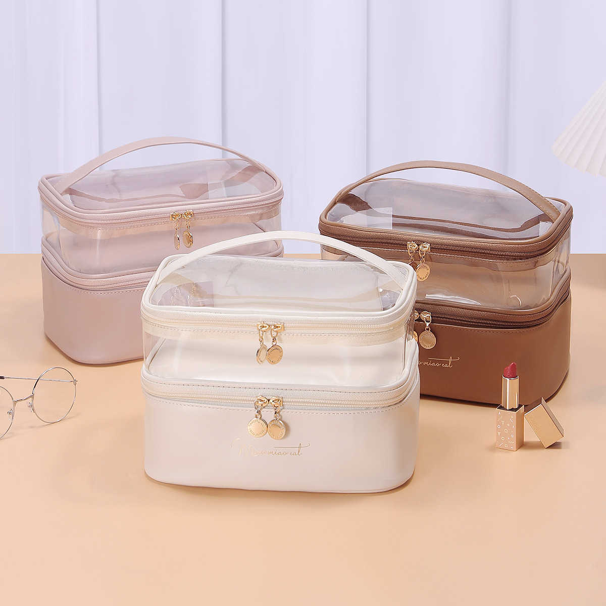 

Special PU leather double layer, large capacity, multifunctional makeup bag for daily use, high-end, portable, and toiletries 230420, Milk apricot white