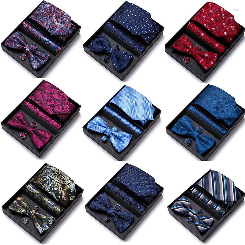 

Bow Ties Mens Necktie In Gift Box Bowtie And Pocket Square Cufflinks Set For Men Wedding Business Formal Suit Custom Tie Gravata