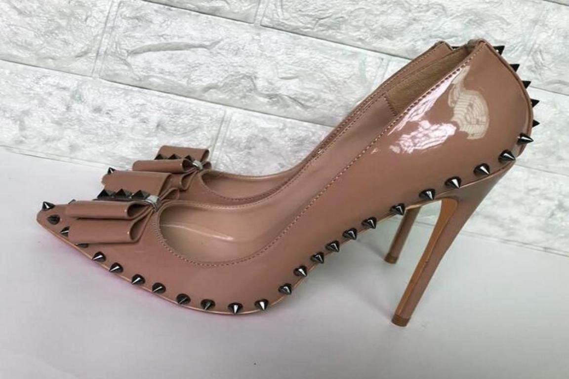 

Nude color Rivets Spiked High Heels Patent PU Leather exclusive brand needle sharp Rivet High Heels Women039s Dress shoes 10cm 4542264, Brown