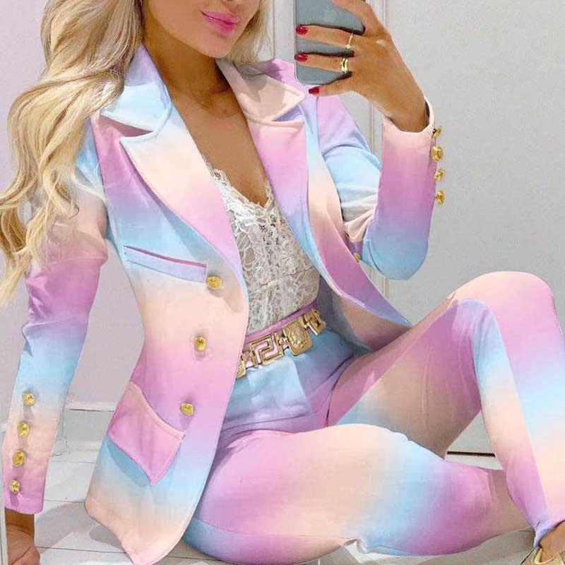 

Pants 2021 Women New Autumn Lapel Collar Double Breasted Blazer Tailored Pants Set Long Leggings Suit Elegant 2 Piece Outfits OL, Pink