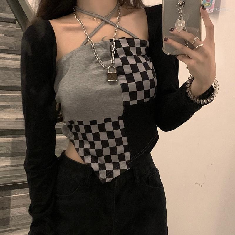 

Women's T Shirts Private Socialite 2023 Plaid Halter Small Sling Vest Women's Clothes Fat Girl Trend Irregular Short Sweet And Spicy Top, Black coffee