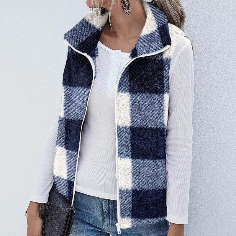 

Women' Jackets 2023 Fashion Pocket Zipper Vintage Plaid Print Color Jacket Plush Sleeveless Lapel Thick Vest Loose Coat#58, Gray