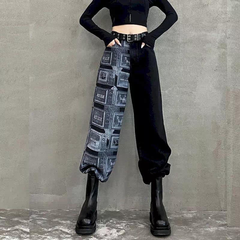 

Women' Jeans 2023 Women' High Waist Autumn Straight Loose Wide Leg Pants Gothic Contrast Stitching Retro Streetwear Tr, Black
