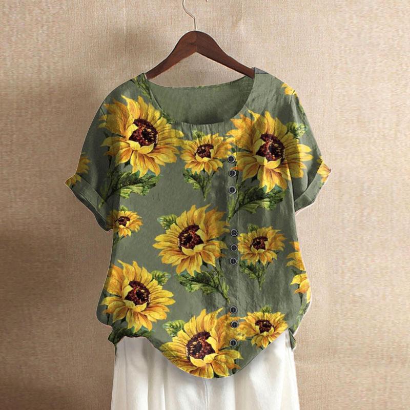

Women' Blouses Summer Women Blouse Loose Casual Sunflowers Print O-neck Buttons Tunic Shirts Cotton Linen Boho Beach Blusas Femininas, Blue