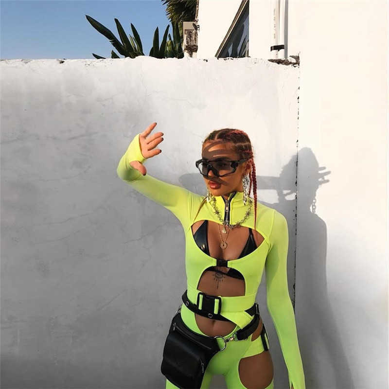 Women's Jumpsuits Rompers Women Bodycon Solid Color High Collar Buckle Cut Out Biker Romper Sexy Long Sleeves Zip Hollow Clubwear Bodysuit S-image-860032372