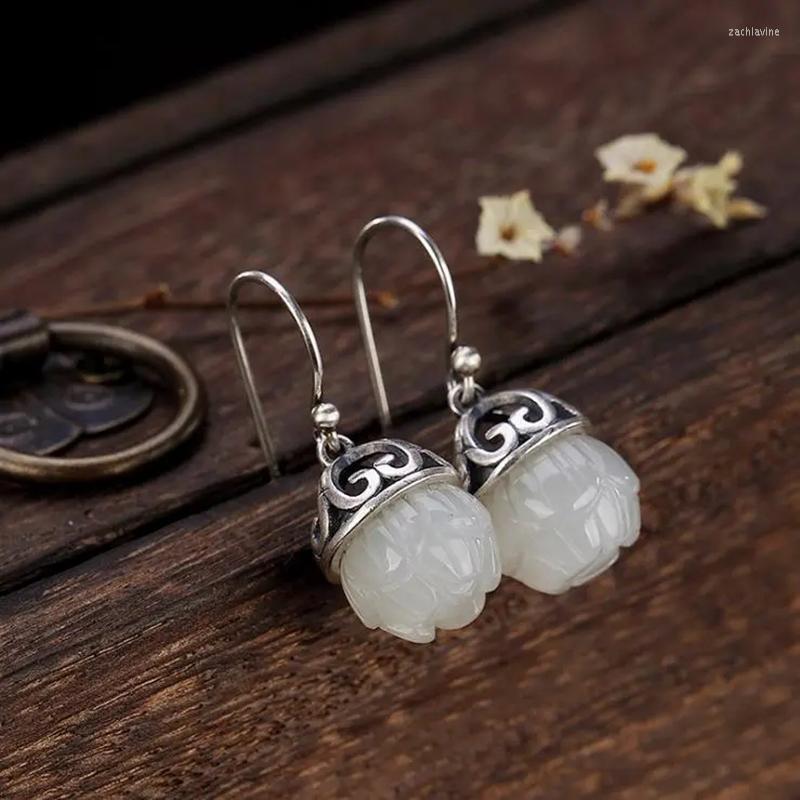 

Dangle Earrings Designer Original Silver Inlaid Natural Hetian Jade Lotus Retro Personality Ladies Exquisite Jewelry
