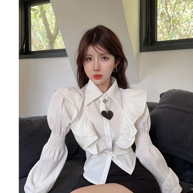 

Women' Blouses Women Ruffled Edge Long Sleeve Turn-down Collar Button Soft Thin Simple Design Fashion Korean Style For Girls, Blue