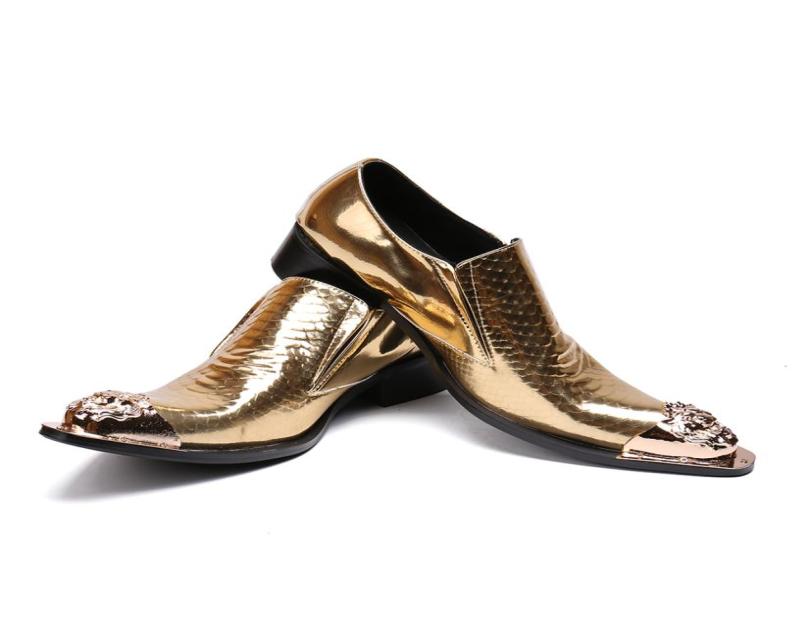 

Genuine Leather Men Business Shoes Metal Pointed Toe Dress Shoes Gold Wedding Party Formal Men Shoes Large Size8207759