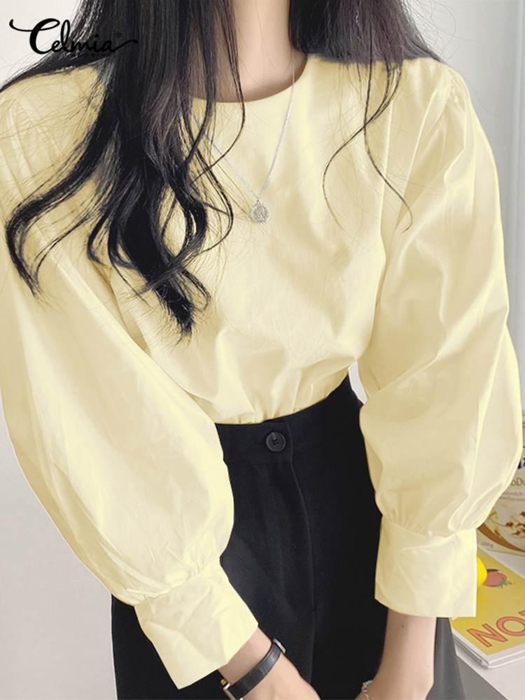 

T-Shirt CELMIA WOMEN PUFF SLEEVE ROUND NECK BLOUSES ELEGANT ALLMATCH CASUAL LOOSE TUNIC TOPS KOREAN STYLE FASHION SOLID COLOR SHIRTS, White