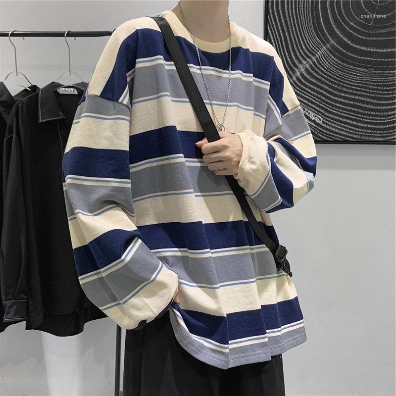 

Men' T Shirts Harajuku Casual High Quality Striped T-Shirts Long Sleeves Retro Style Contrast Couple Clothes Fashion Versatile Streetwear, Blue