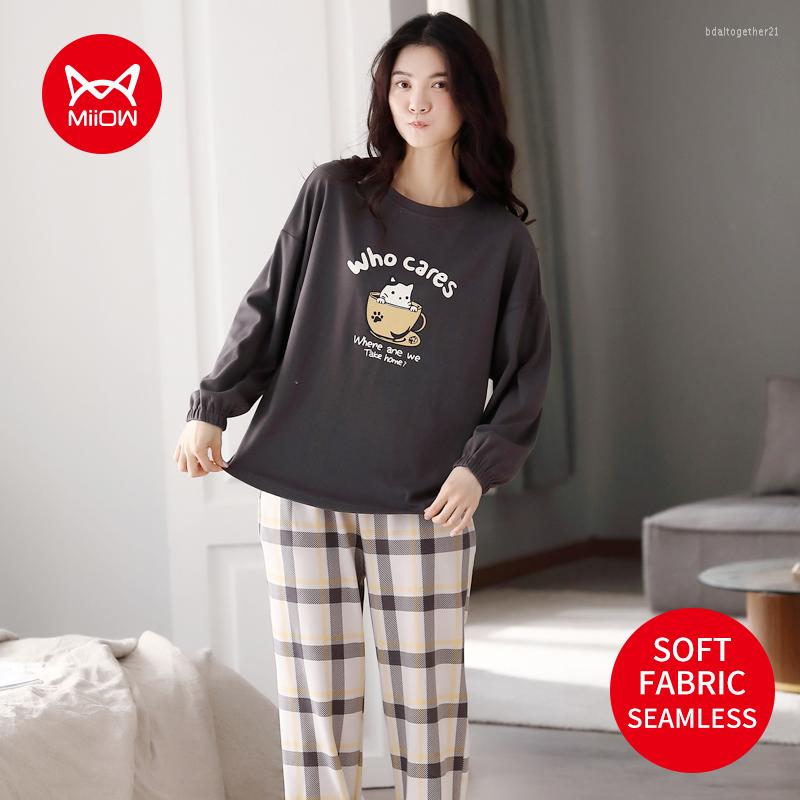 

Women's Sleepwear MiiOW Black Plaid Pajamas Set Cute Animals Cotton Long-sleeved Trousers Autumn And Winter Loungewear Women's Homewear, Ky-218626