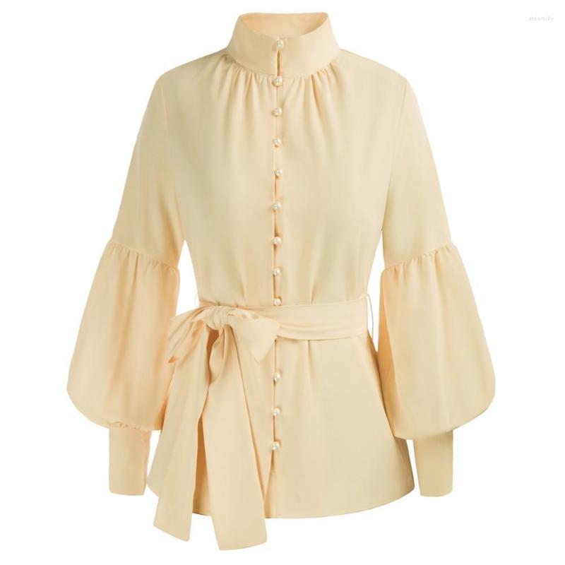 

Women's Blouses SD Women Vintage Lantern Sleeve Shirts With Belt Stand Collar Button-Up Blouse Elegant Lady Solid Tops, Black
