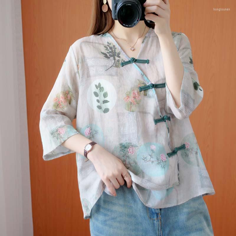 

Ethnic Clothing 2023 Traditional Chinese Top Flower Print Hanfu Clothes Oriental Linen Blouse For Women