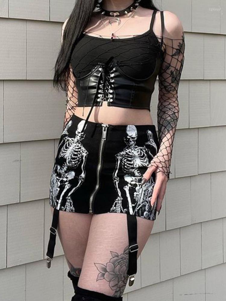 

Skirts Black Sexy Slim Skull Print Wrapped Hip Egirl Short Skirt Gothic Dark Zipper Mini Bodycon Streetwear Summer Women