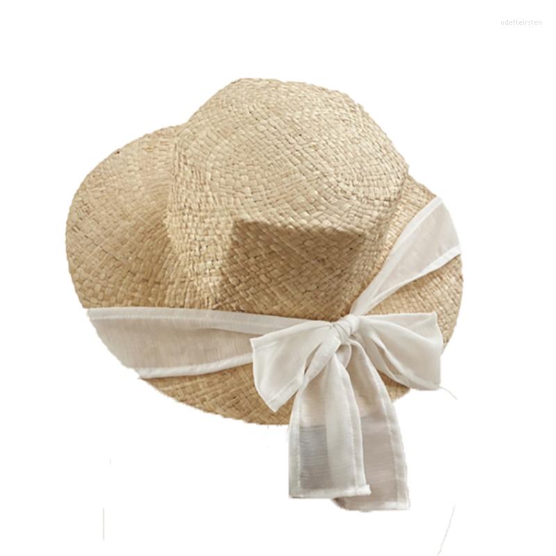 

Wide Brim Hats Hat For Women Raffia 6-sided High-end Sun Ladies Leisure Vacation Panama Beach Fashion Ribbon Visor Cap, White